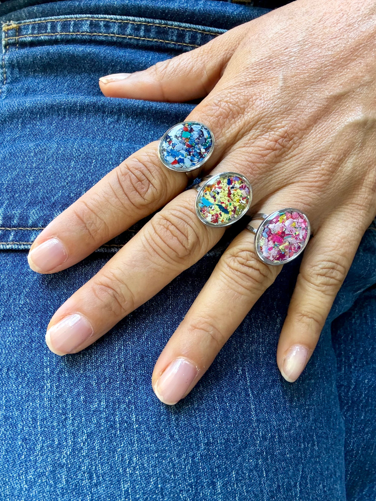 three colorful rings - oval - made with reclaimed crayons.its crayon rings