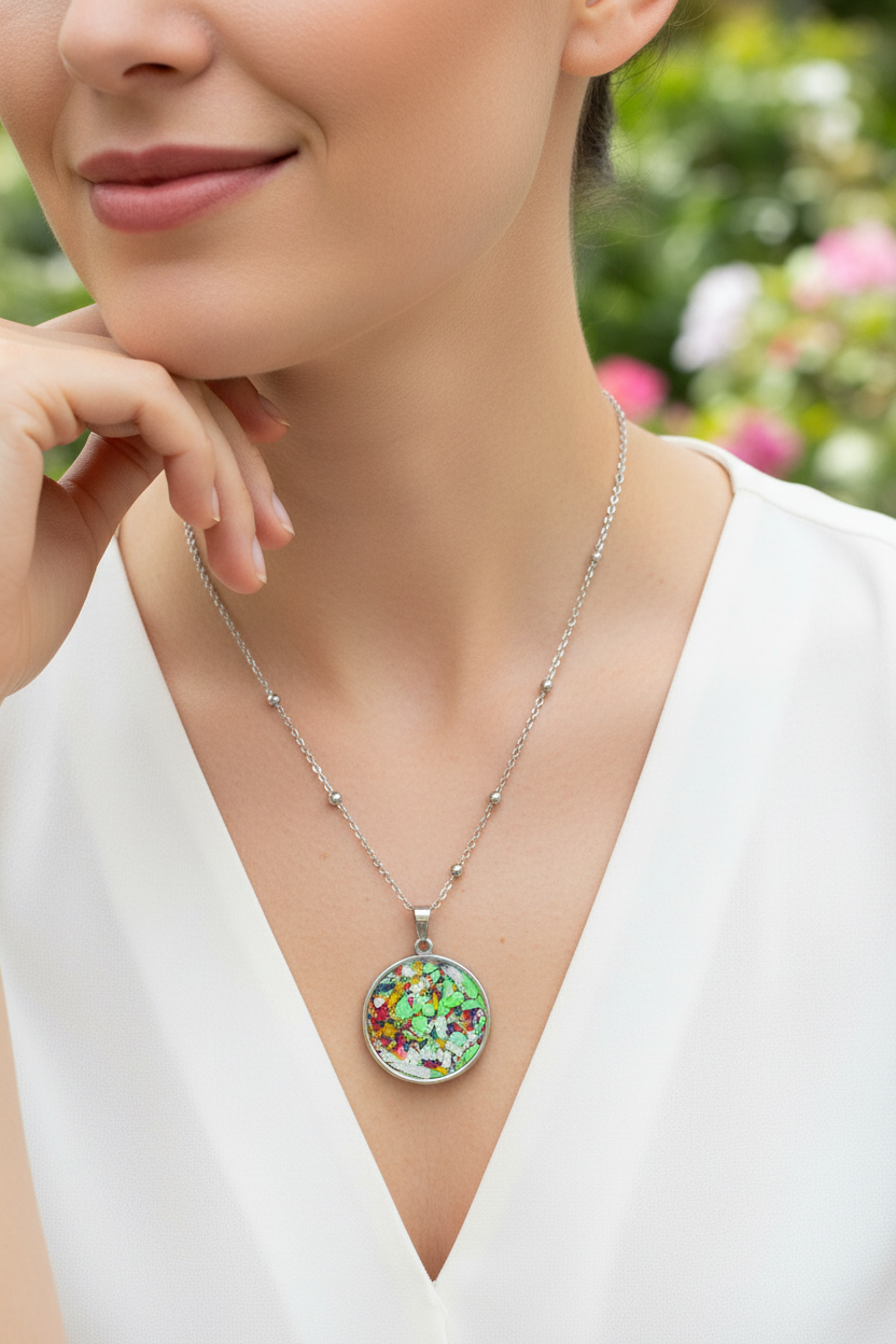 Green Confetti Pendant Chin on Hand