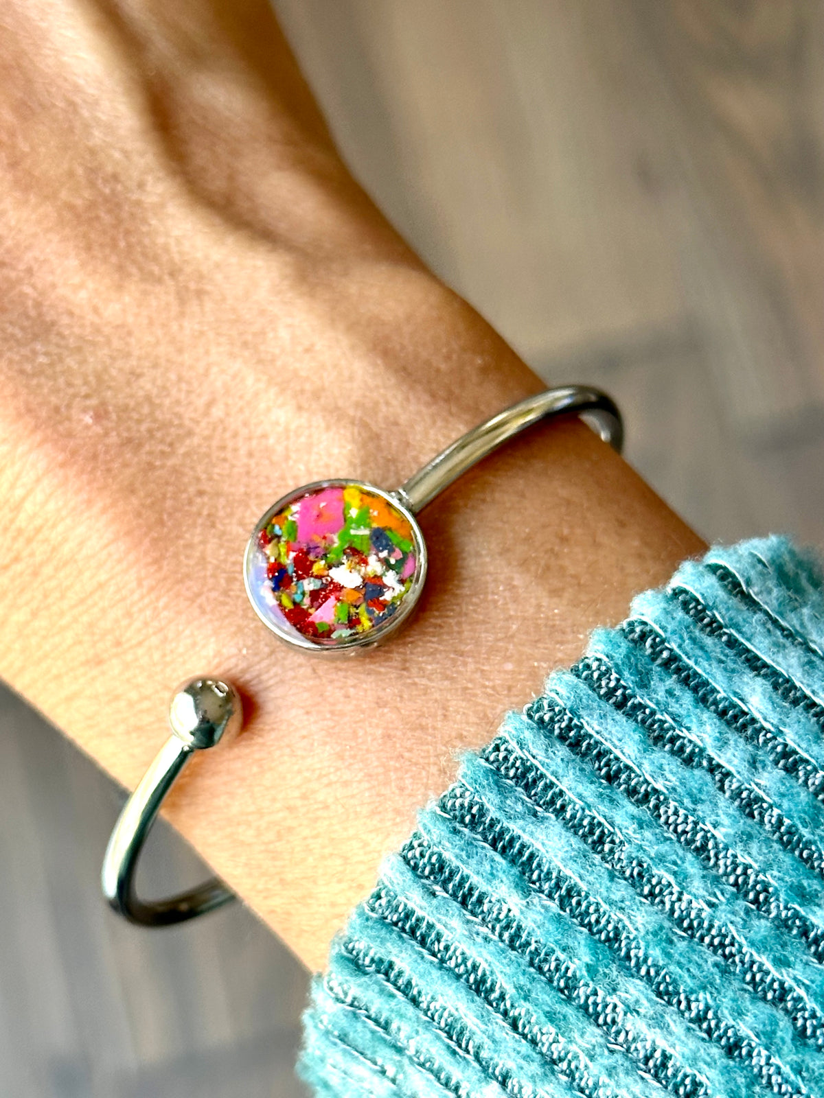 close up of crayon bracelet by kalen redmon and crayonfetti.  gift for mom, gift for friend