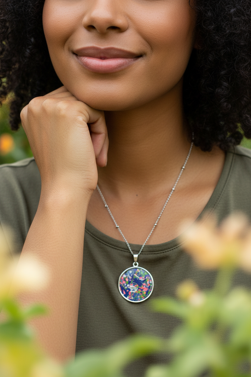 Navy Blue Pendant Brown Curly Hair