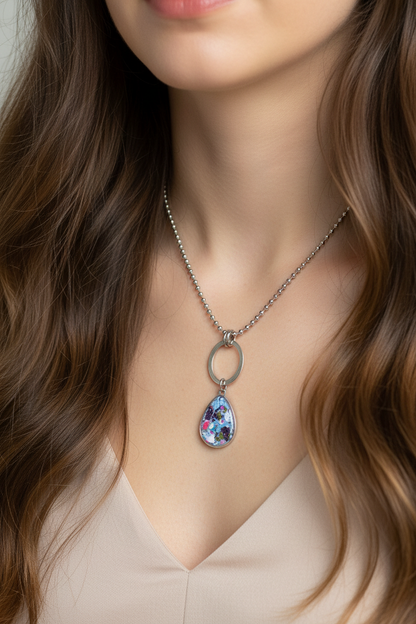 Necklace on light skin brown hair model collarbone down