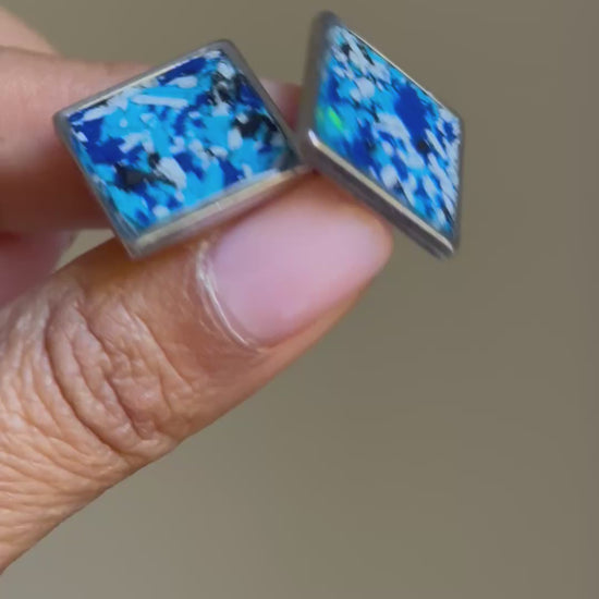 Square statement cuff links crafted with recycled blue crayons by our Georgia-based mother-daughter team. Vibrant, one-of-a-kind sustainable cuff links