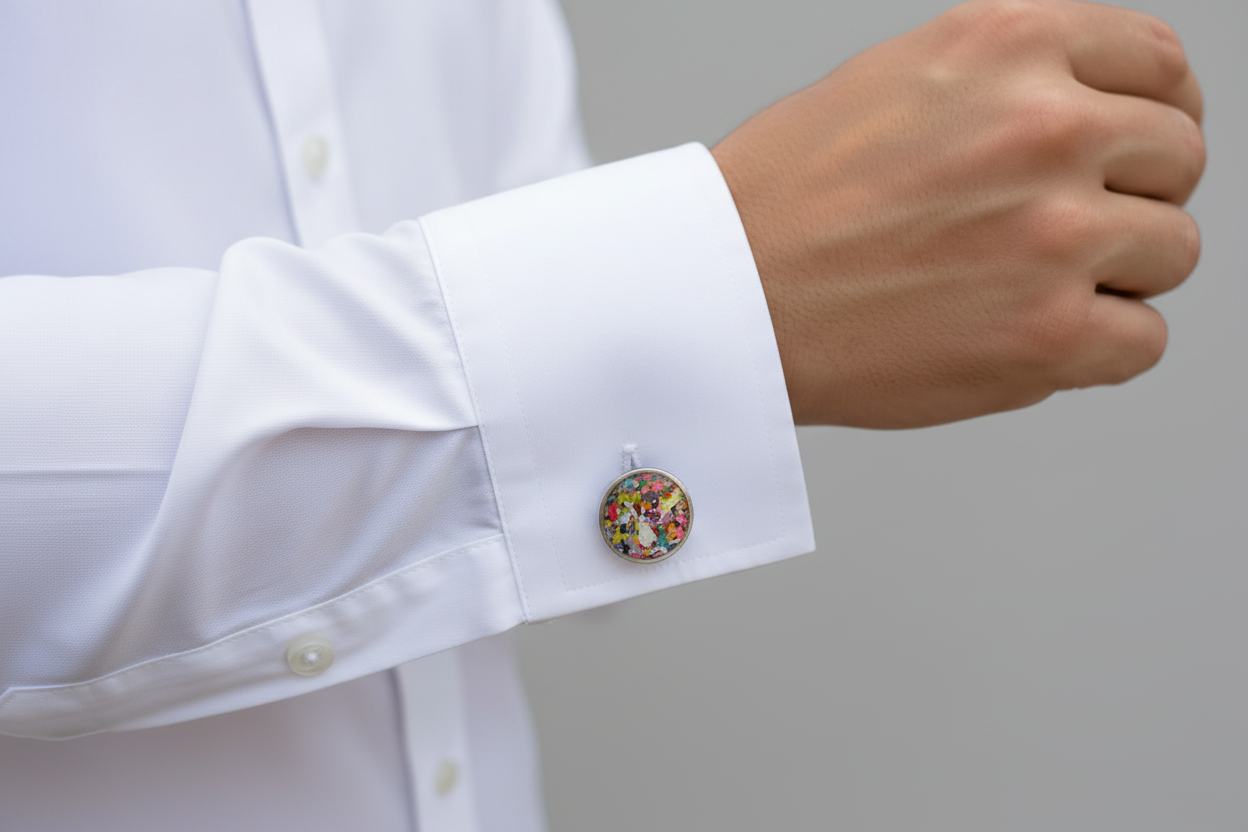 Round handcrafted cuff links made with recycled crayons in a sleek setting. A bold, joyful accessory from our mother-daughter studio in Atlanta, GA.