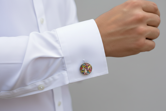 Round handcrafted cuff links made with recycled crayons in a sleek setting. A bold, joyful accessory from our mother-daughter studio in Atlanta, GA.