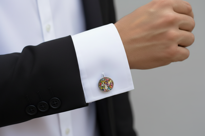 Round handcrafted cuff links made with recycled crayons in a sleek setting. A bold, joyful accessory from our mother-daughter studio in Atlanta, GA.