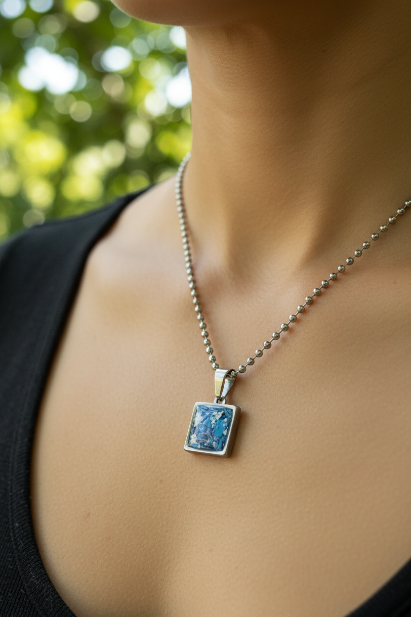 blue and white small square stainless steel pendant filled with crayon shavings. Dainty necklace. Crayonfetti crayon jewelry by mother-daughter based in Atlanta, Georgia.